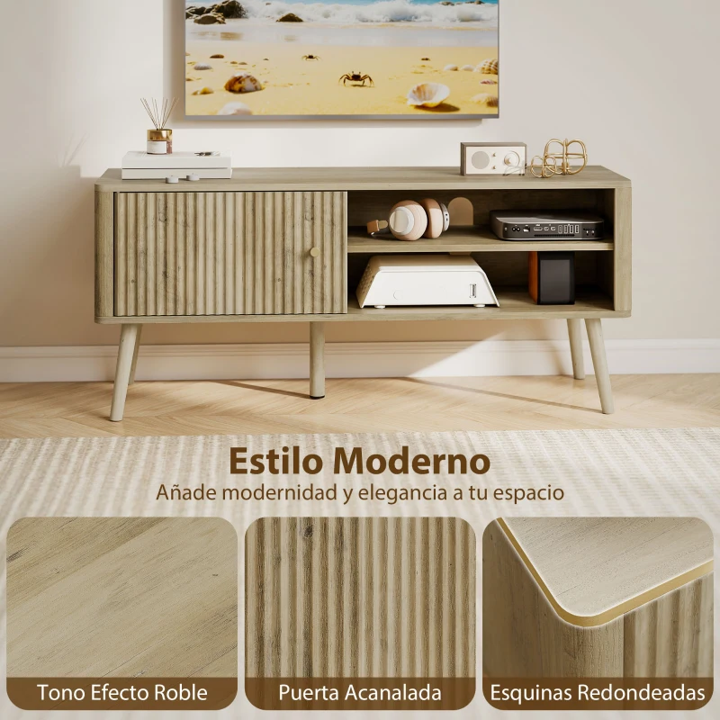 HOMCOM Mesa de TV con Puerta Estante Ajustable Compartimentos Abiertos y Orificio para Televisión hasta 55 Pulgadas Roble
