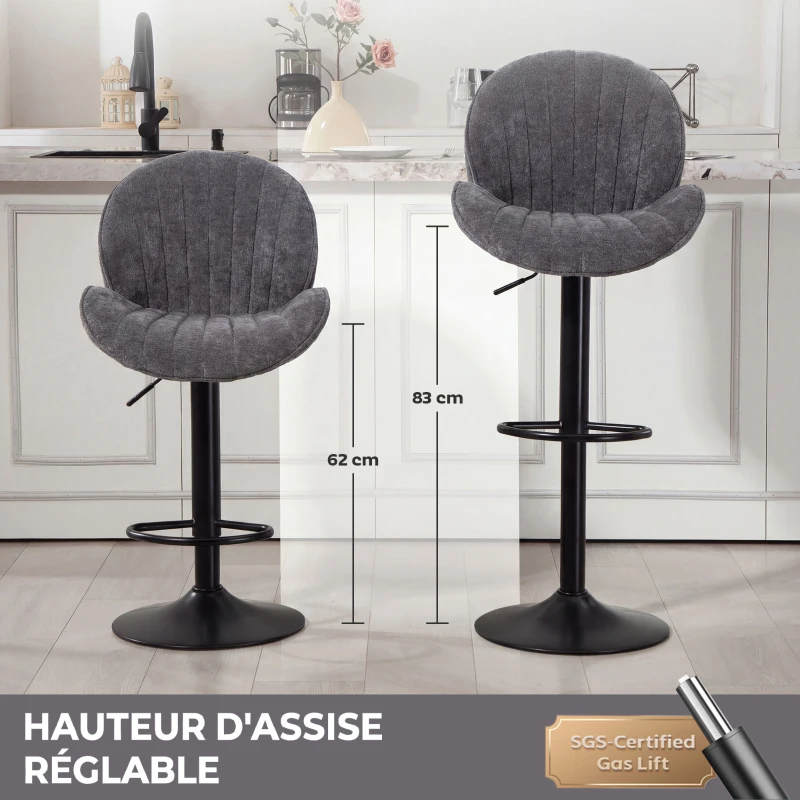 HOMCOM Lot de 2 Tabourets de Bar, Hauteur Réglable, Pivotant 360°, Siège Rembourré, Dossier et Repose-pieds, Gris