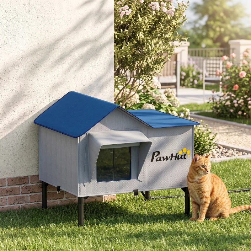 PawHut Heated Cat House Weatherproof w/ Heating Pad, Elevated Base, Escape Door, Cat Winter Shelter for Stray, Barn Cats