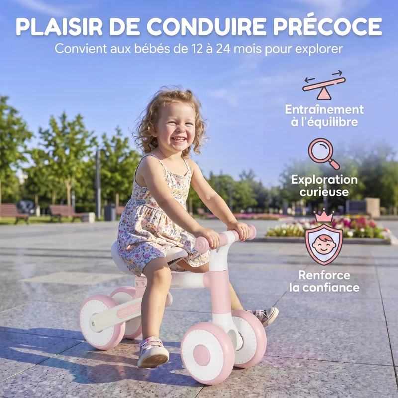 AIYAPLAY Draisienne Bébé 1-2 Ans Pliable, Siège Réglable, Direction Limitée à 135°, Pneus EVA Silencieux, 52x23x36,5cm, Rose
