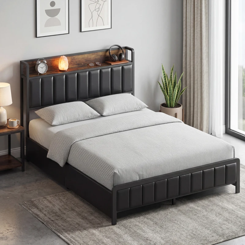 HOMCOM Cadre de lit 140 x 190 cm avec sommier à lattes en métal, lit double rembourré avec 4 tiroirs et étagère, noir