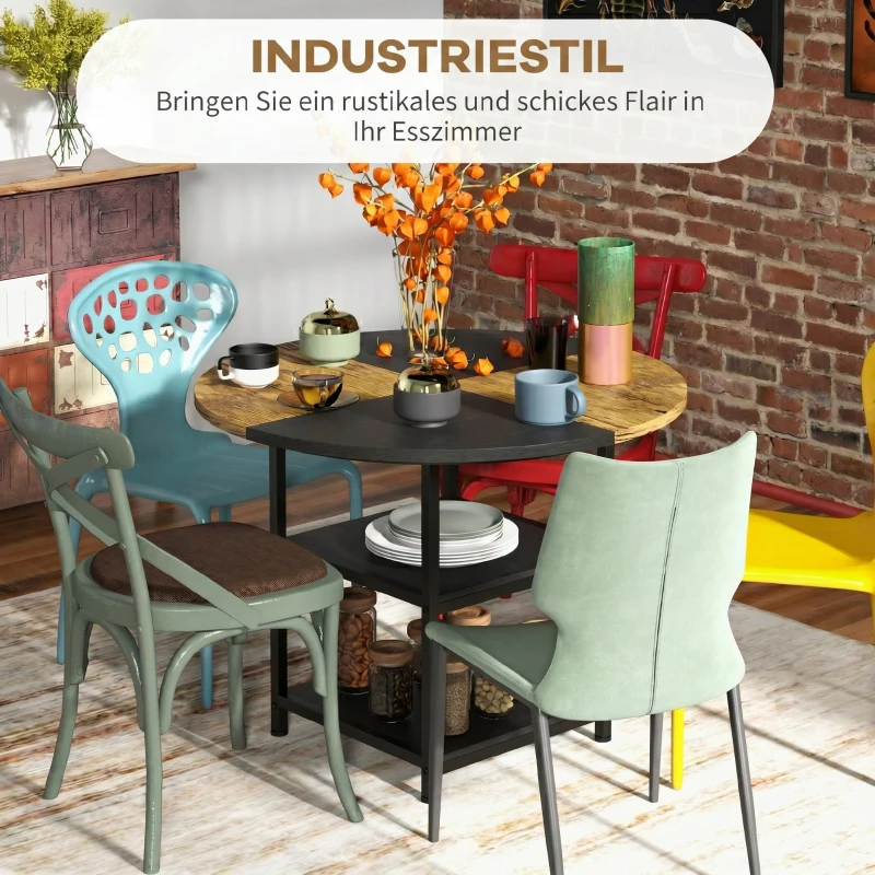 HOMCOM Masă de Dining pentru 4-6 Persoane cu 2 Rafturi Integrate, din Oțel și MDF, Ø100x76 cm, Negru și Maro