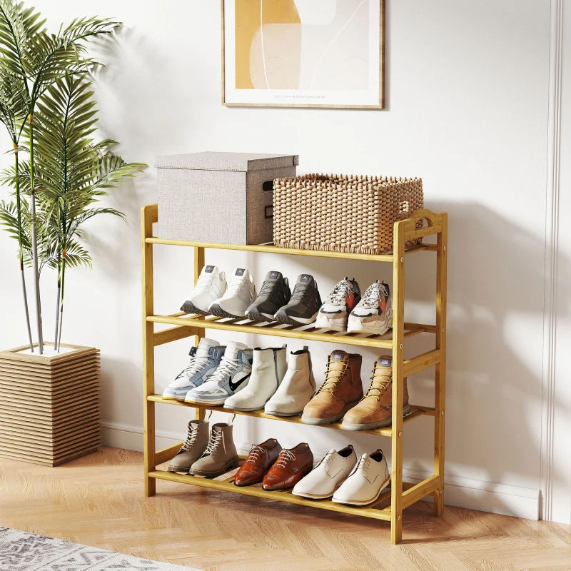 HOMCOM Freestanding Bamboo Shoe Rack, 4-Tier Shoe Shelf Stand for Hallway, Living Room, Bedroom, Natural Wood Finish