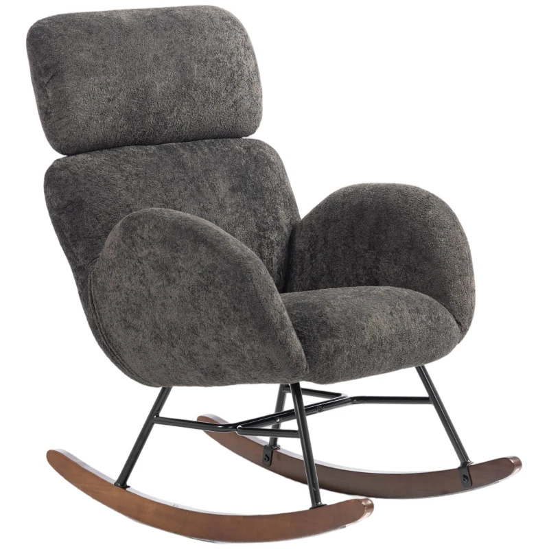 HOMCOM Upholstered Rocking Chair Adjustable Headrest Rocker Chair Raindrop Velvet Rubberwood Base Dark Grey