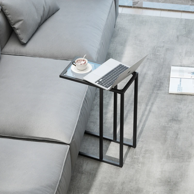 HOMCOM Table d'appoint en forme de C avec plateau en verre trempé, cadre en acier, noir