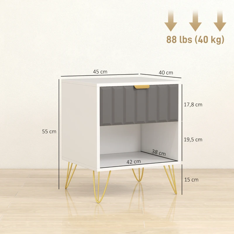 HOMCOM Table de chevet, table d'appoint compartiment ouvert, tiroir et poignée, pieds en acier, 45 x 40 x 55, blanc