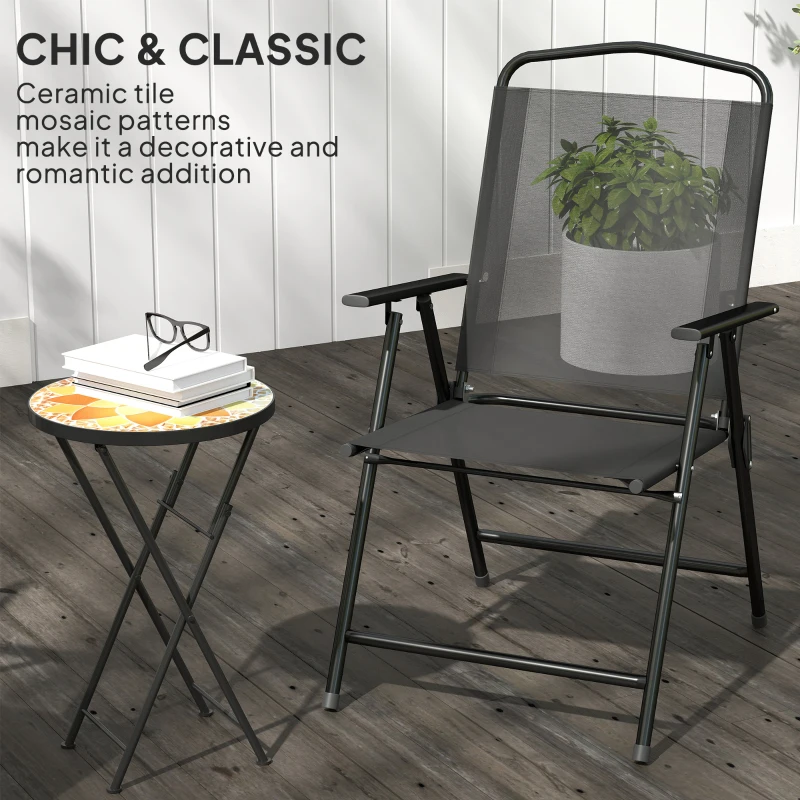 Outsunny Mosaic Outdoor Garden Table, 35.5cm Round Folding Coffee Table with Metal Frame for Balcony Terrace, Yellow