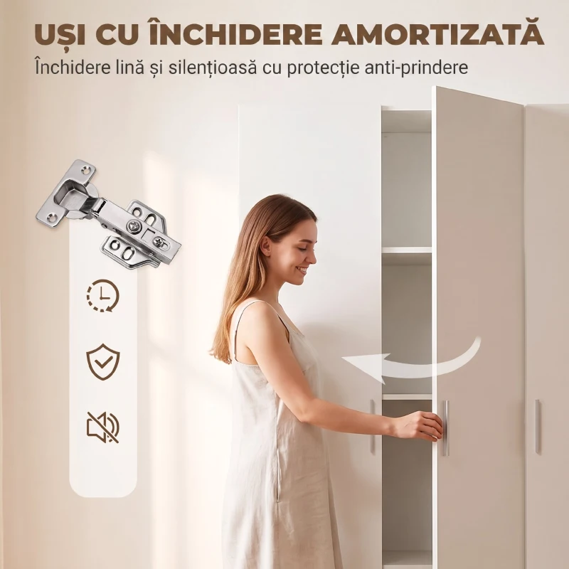 HOMCOM Dulap cu Rafturi Reglabile și Uși cu Închidere Lentă pentru Dormitor, Alb