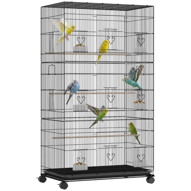 PawHut Grande Cage à Oiseaux sur Roulettes en Acier, Plateau Amovible, Portes, Perchoirs, Mangeoires, 77x46,5x141cm, Noir