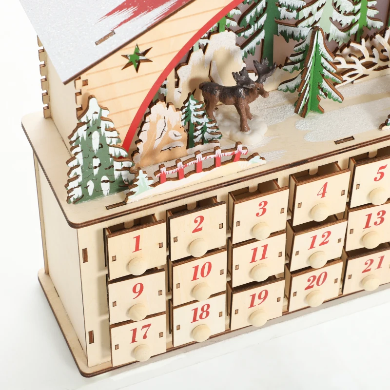 HOMCOM Calendrier de l'Avent lumineux, calendrier de l'Avent à remplir, 24 tiroirs, scène de village, 36x10x34cm, bois naturel