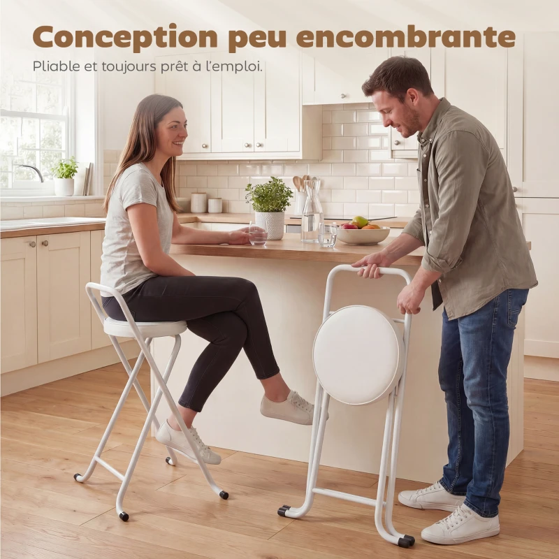 HOMCOM Tabourets de Bar Pliants Lot de 2, sans Assemblage, Chaises de Bar, Assise Rembourré 63H cm, Cadre en Acier, Blanc