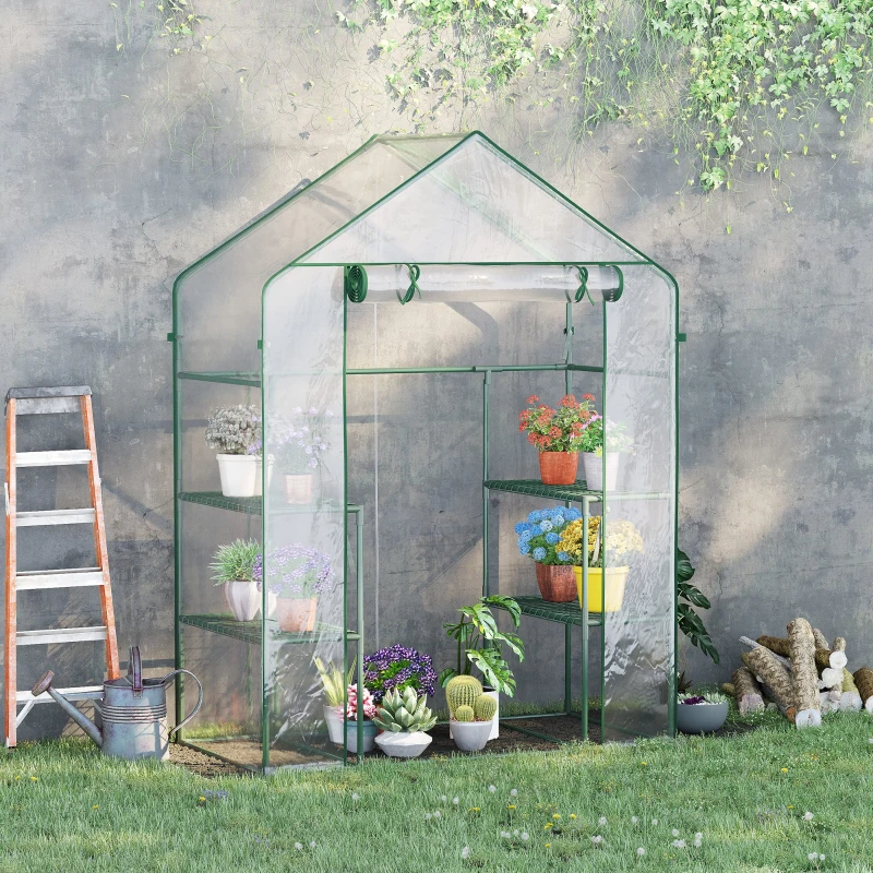 Outsunny Invernadero de Jardín con 4 Estantes 1 Puerta con Cremallera para Cultivo de Plantas Flores 142x73x195 cm Verde
