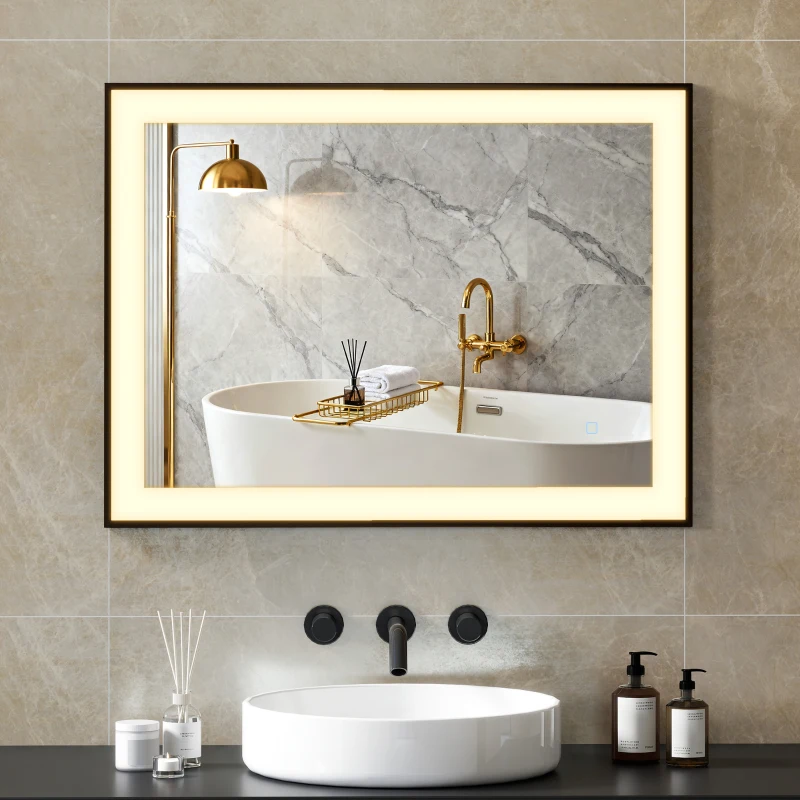 HOMCOM Espejo de Baño con Luz LED 80x60 cm con 3 Colores de Luz Función Antivaho Función de Memoria IP44 Horizontal/Vertical
