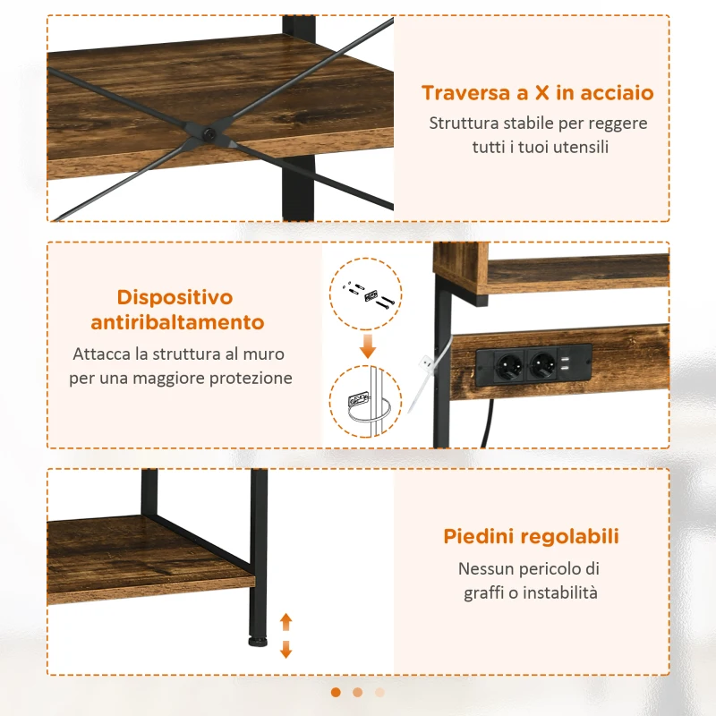 HOMCOM Scaffale Cucina con Multipresa, Ripiani e Ganci Stile Industriale, 60x42x153cm, Marrone