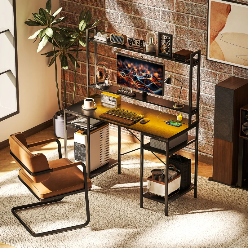 HOMCOM Computer Desk with Power Outlets and LED Lights, Home Office Desk with Monitor Stand, 2 CPU Stands and Storage Shelves, Study Table Gaming Desk with Hutch, Black