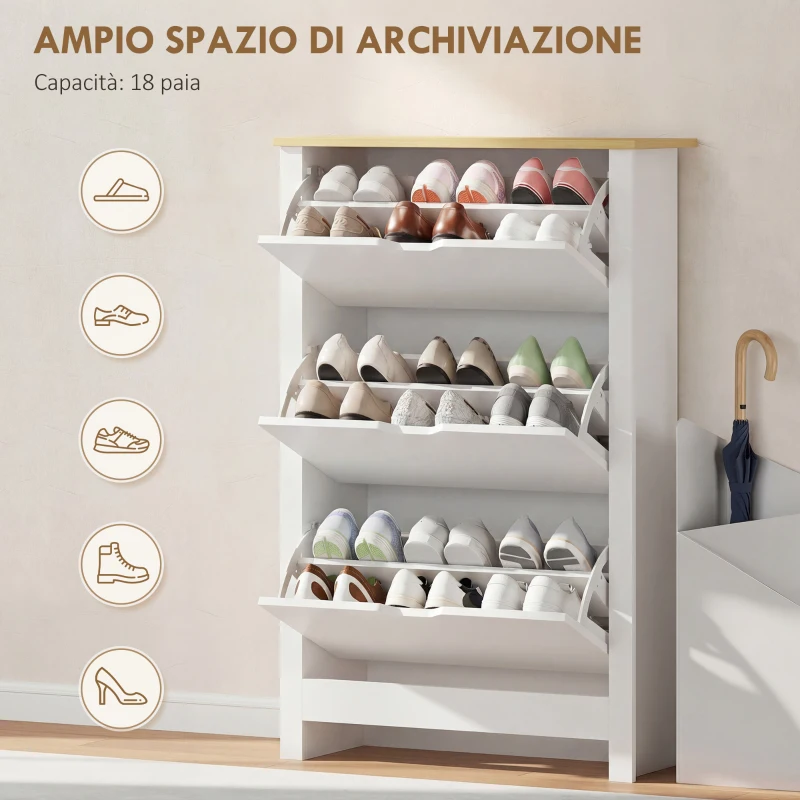 HOMCOM Scarpiera Slim per 18 Paia di Scarpe, 3 Cassetti con 2 Ripiani Regolabili e Rimovibili, 72x26x112 cm, Bianco
