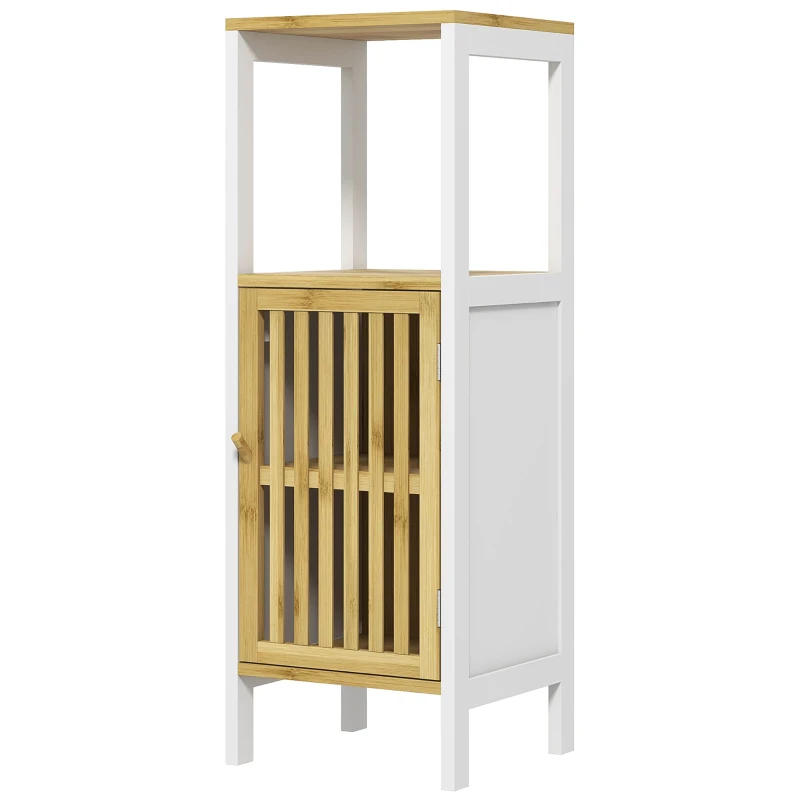HOMCOM Bamboo-Blend Retro Cut-Out Bathroom Storage Unit, with Cupboard