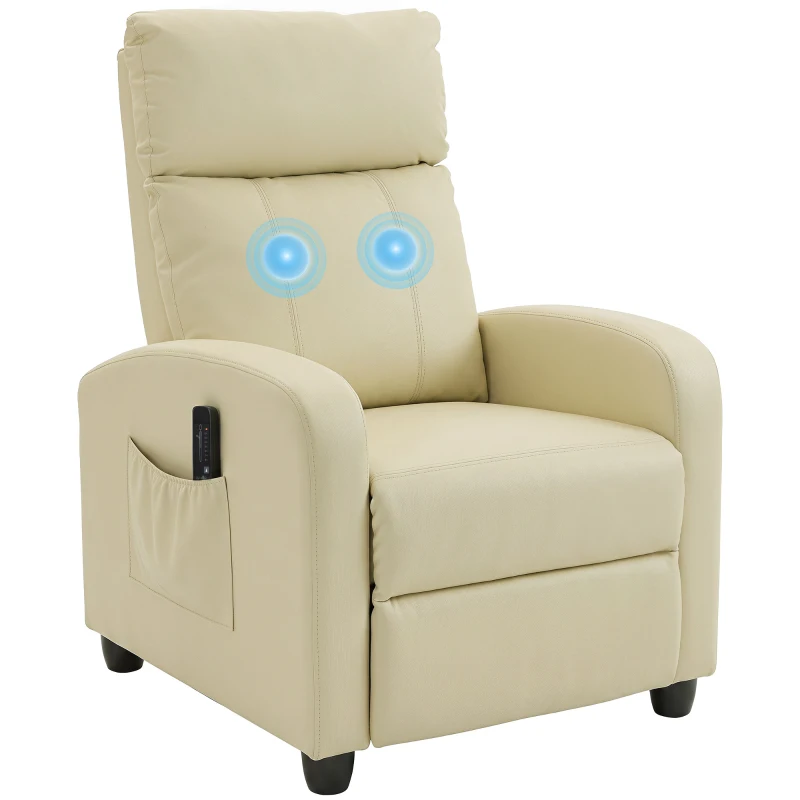 HOMCOM Recliner Armchair, Massage Faux Leather Push Back Reclining Chair with Adjustable Leg Rest, Side Pocket, Cream White