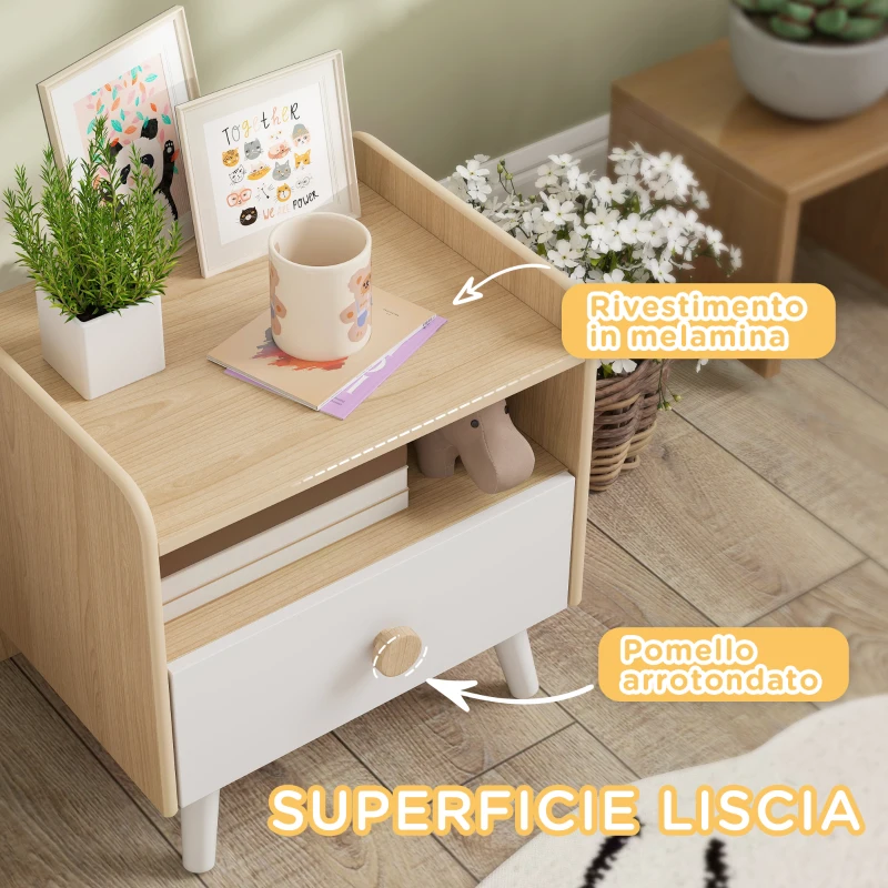 AIYAPLAY Comodino con Cassetto per Bambini 3-10 Anni in Legno e Legno di Pino, 40x32.5x40 cm, Bianco