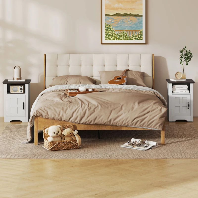 HOMCOM Mesitas de Noche Rústicas Mesas Auxiliares con Puerta Estilo Granero y Estante 40x35x60 cm Blanco y Marrón