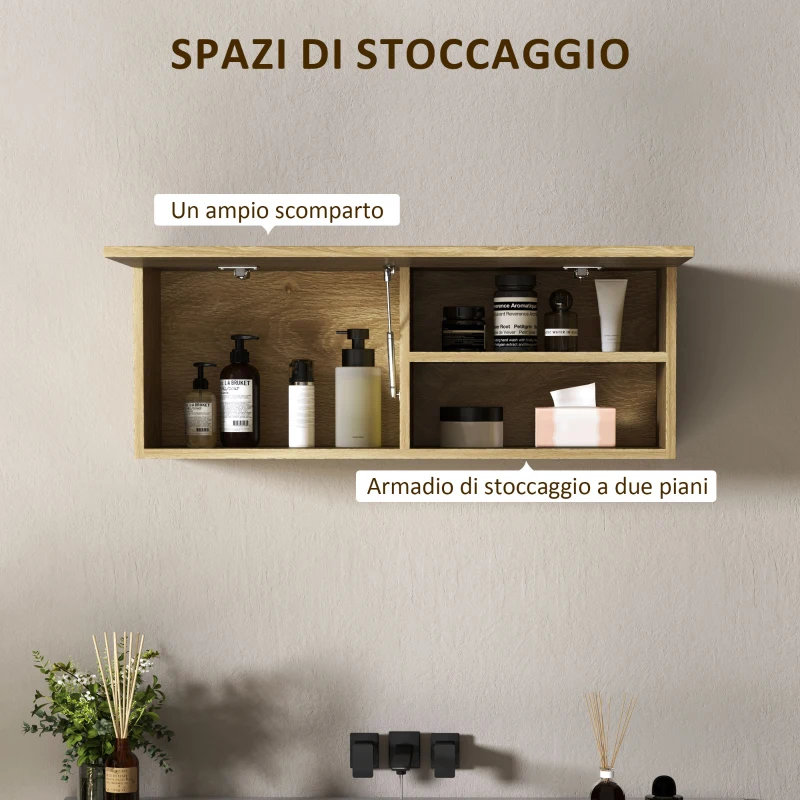 HOMCOM Mobiletto Bagno Pensile con Anta a Ribalta e Ripiani, 80x25x30 cm, Legno Naturale