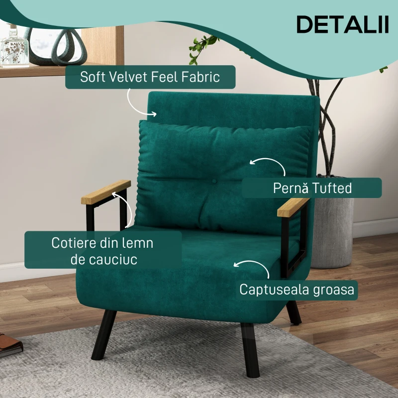 HOMCOM Fotoliu Pat 3 în 1 cu Spătar Reglabil în 5 Poziții și Pernă, 63x73x81 cm, Verde(m-6)