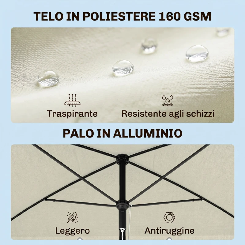 Outsunny Sombrilla de Terraza de Aluminio 2x1,3x2,5 m Parasol de Jardín Rectangular con Función de Inclinación Beige