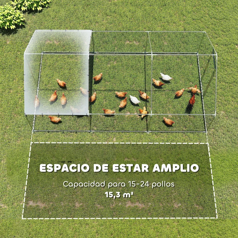 PawHut Gallinero para Exterior Grande de Acero Galvanizado 5,1x3x1,9 m 15,3 m² con Cubierta Tela Oxford y Cerradura Plata