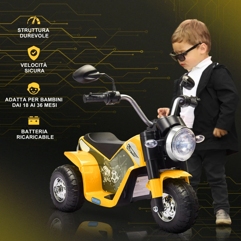 HOMCOM Moto Elettrica per Bambini a 3 Ruote con Luci e Suoni, Batteria Ricaricabile 6V, Velocità 2 km/h, per Bimbi da 18-36 Mesi, 72cmx57cmx56cm Gialla