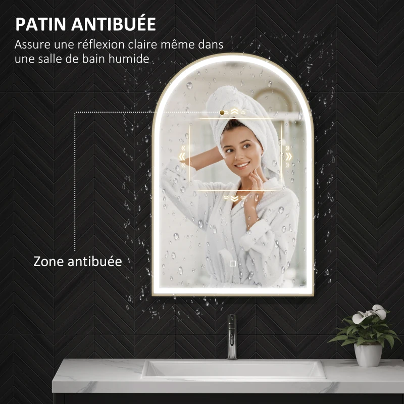 HOMCOM Miroir de salle de bain LED 90 x 60cm, mural, 3 couleurs, arqué cadre en aluminium, désembuage et interrupteur tactile