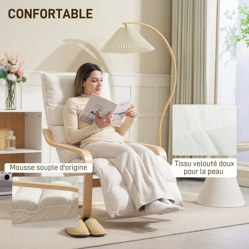HOMCOM Fauteuil salon, fauteuil d'appoint rembourré en velours, repose-pieds réglable et structure en acier, 67x93x105cm, crème