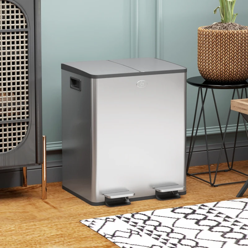 HOMCOM Papelera de Cocina de Acero Inoxidable con 2 Compartimentos 2x20L Pedal Tapas de Cierre Suave y Cubo Extraíble Plata