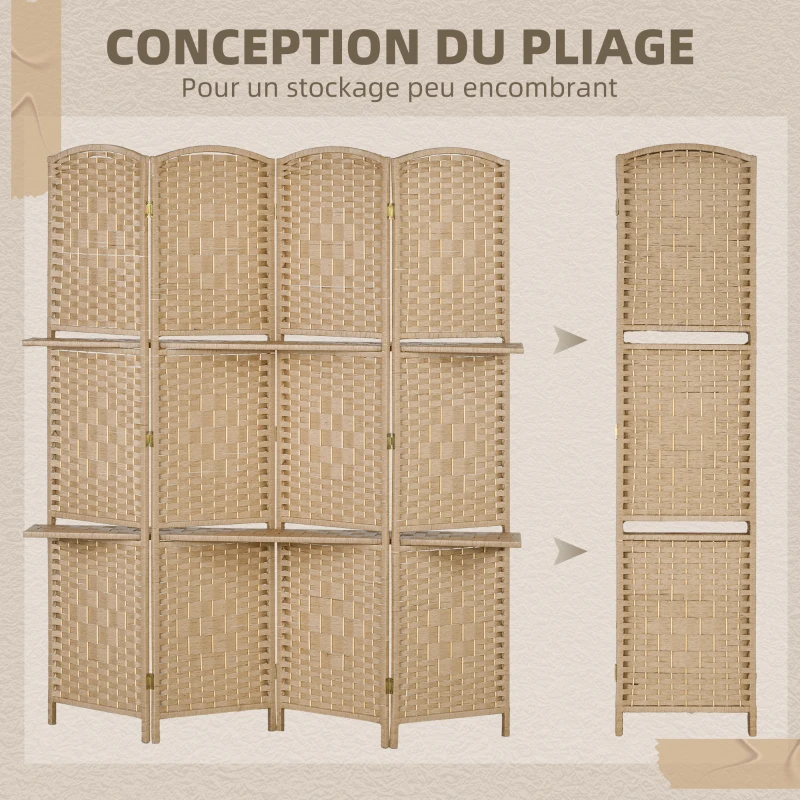HOMCOM Paravent séparateur de pièce 4 panneaux 160 x170 cm avec 2 étagères, pliable, en bois