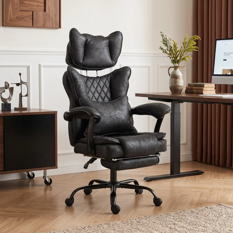 HOMCOM Executive Office Chair, Leathaire Big and Tall Office Chair 180 kg with Wide Seat, Reclining, Lumbar Support, Black