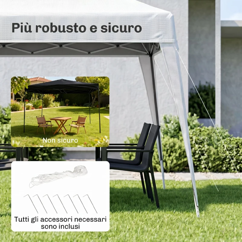 Outsunny Gazebo Pieghevole da Giardino 2.4x2.4m con Struttura in Acciaio e Corde Antivento, Bianco
