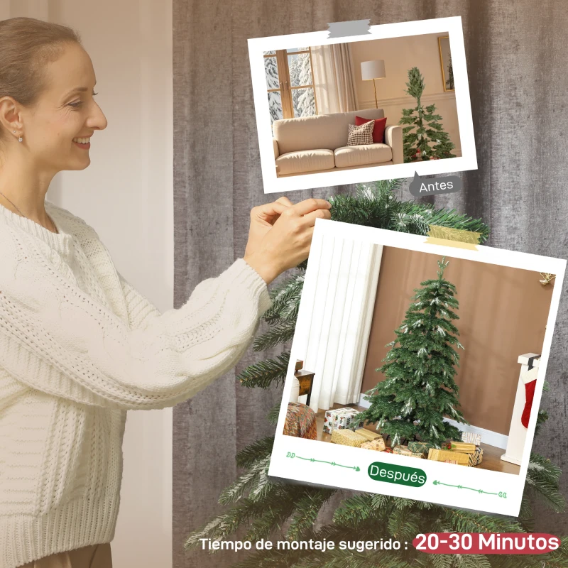 HOMCOM Árbol de Navidad Artificial 150 cm Ramas Realistas con Efecto Nieve Soporte de Acero Base Plegable Montaje Rápido