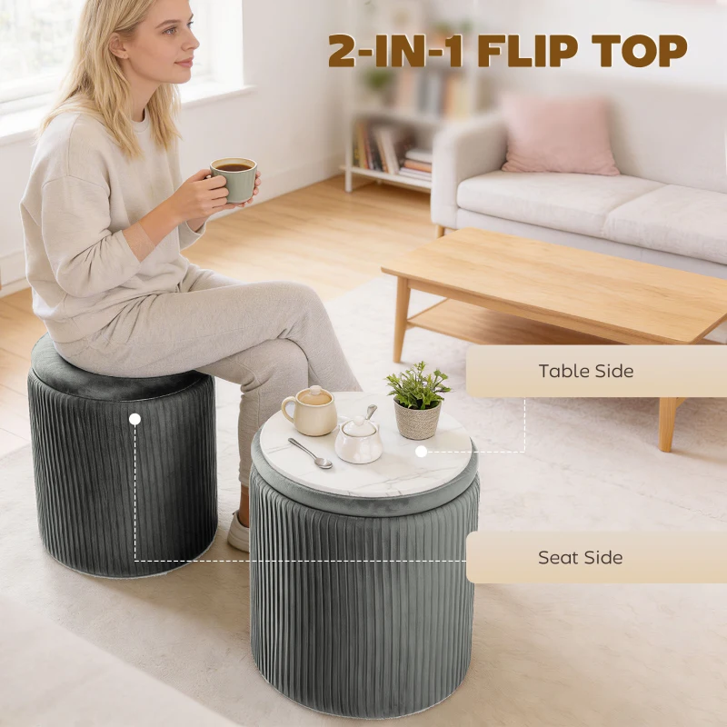 HOMCOM Storage Ottoman Modern Velvet Round Foot Stool for Living Room Bedroom 45 cm Grey