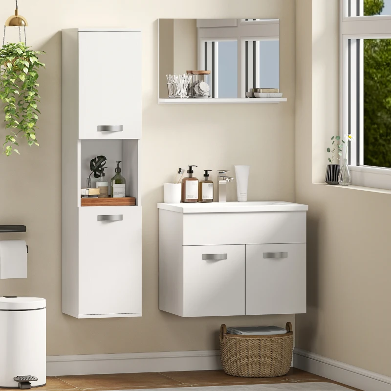 kleankin Conjunto de Muebles de Baño de Pared 4 Piezas Incluye Espejo Armario con Lavabo Cerámico y Columna de Baño Blanco