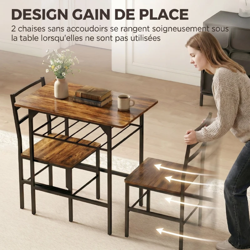 HOMCOM Ensemble table salle à manger avec 2 chaises, table de cuisine avec chaises pour 2 personnes, cadre en métal, marron