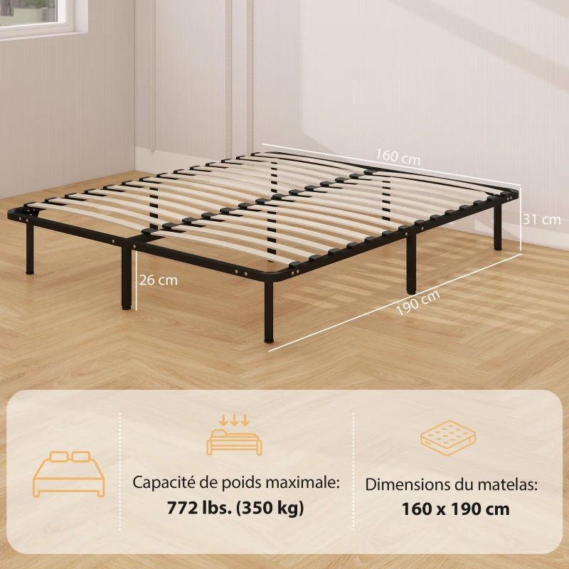 HOMCOM Cadre de lit 160 x 190 cm, lit 2 personnes en bois massif avec sommier à lattes et pied, rangement au-dessous, noir