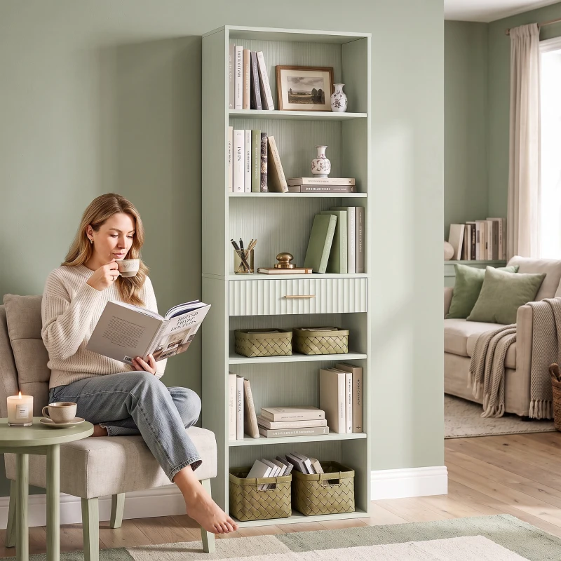 HOMCOM Bookcase Narrow Tall Space-Saving Bookshelf Drawer Open Shelves 60 x 24 x 182 cm Light Green