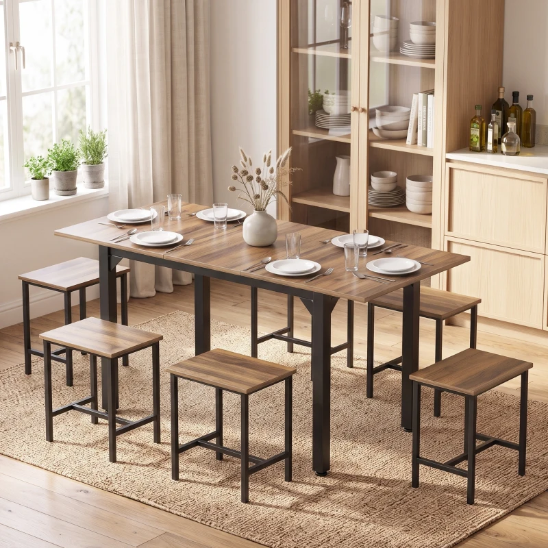 HOMCOM Set de Comedor 7 Piezas para 4-6 Personas, Mesa Extensible 160 cm, Nogal Negro