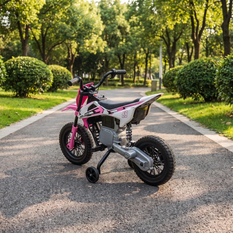 AIYAPLAY Kids Electric Motorcycle, 12V Ride On Motorbike with Training Wheels, Soft Start, Suspension, Music for 3–6 Years, Pink