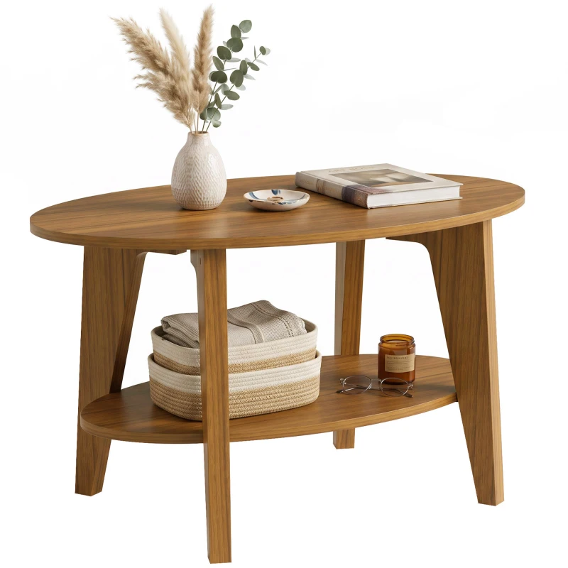 HOMCOM Masă de cafea ovală cu 2 nivele, masă de living modernă cu raft inferior deschis, 80 x 50 x 45 cm, Stejar