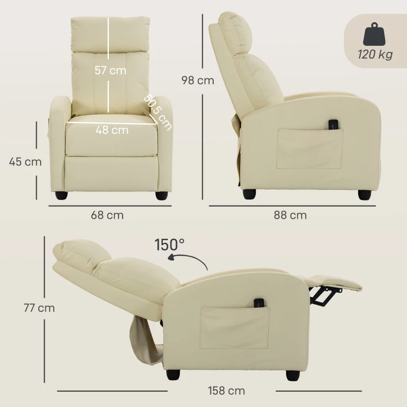 HOMCOM Recliner Armchair, Massage Faux Leather Push Back Reclining Chair with Adjustable Leg Rest, Side Pocket, Cream White