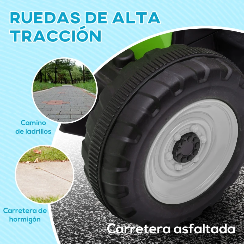 HOMCOM Tractor Eléctrico con Remolque para Niños 3-6 Años con Control Remoto y Cinturón de Seguridad 136,5x50x52,5 cm Verde