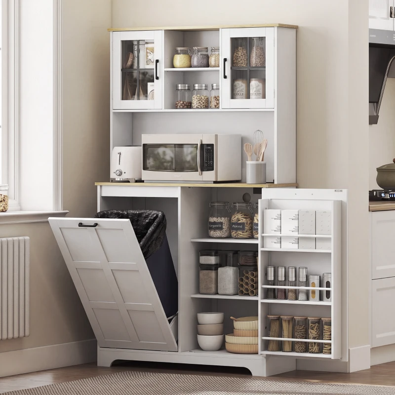 HOMCOM 175cm Tall Kitchen Cabinet, Kitchen Cupboard with Rubbish Bin Cabinet, 3 Door Shelves and 2 Acrylic Doors, White