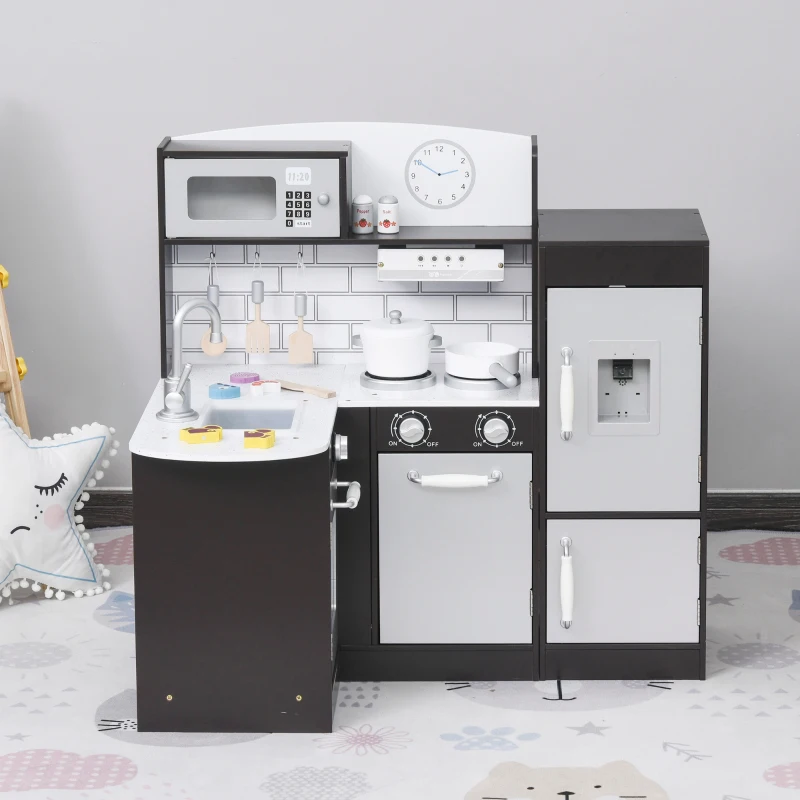 HOMCOM Cucina Giocattolo per Bambini in Legno con 14 Accessori, Forno, Lavandino, Frigo e Microonde, Età 3+ Anni, 86x64x84.5cm, Argento e Marrone