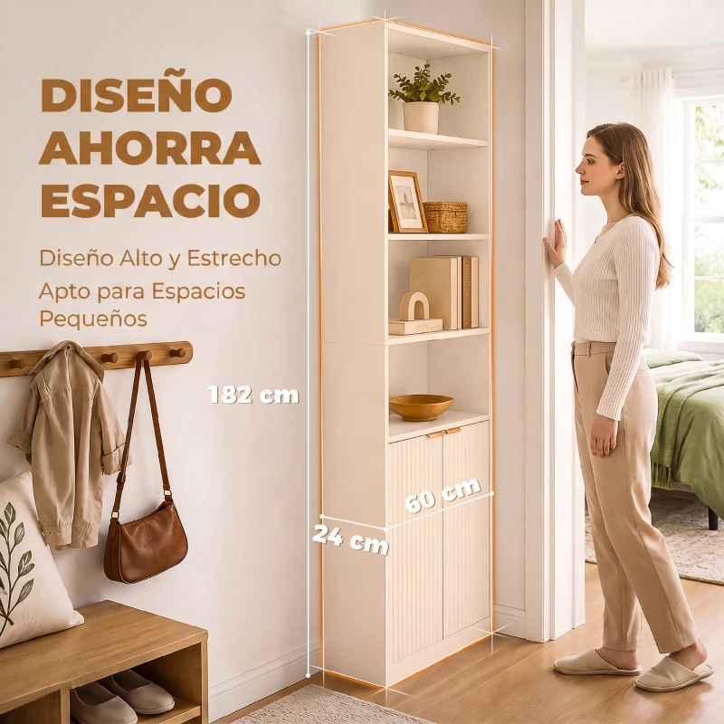 HOMCOM Librería Alta y Estrecha de 6 Niveles con 4 Compartimentos Abiertos Estante Ajustable Cierres Magnéticos Blanco