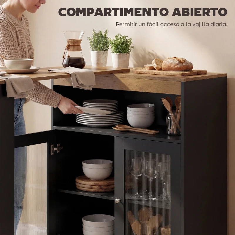 HOMCOM Mesa de Bar Extensible y Giratoria 90° con Estantes Abiertos y 2 Puertas de Vidrio 150x80x105,5 cm Negro y Natural